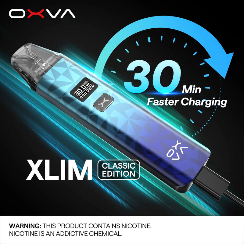 Banner image of Xlim Classic vape kit being charged with large text stating 30 minute faster charging.