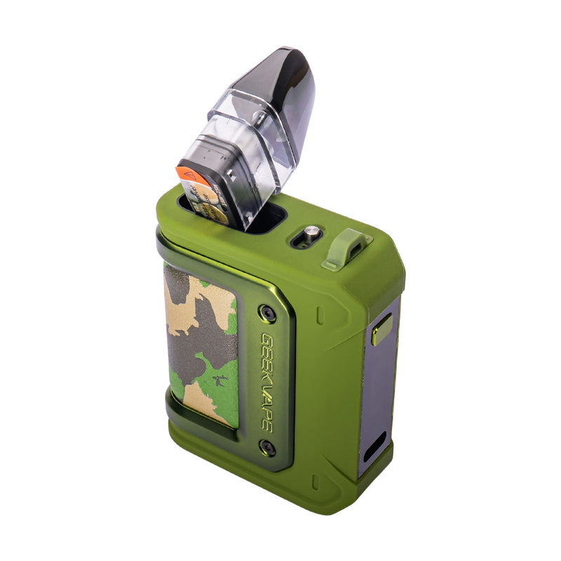 Green Aegis Hero Q vape kit with pod detached.