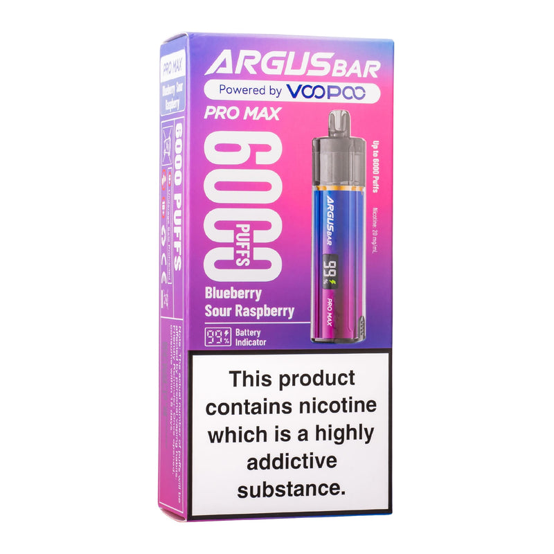 Blueberry Sour Raspberry Argus Bar Pro Max disposable vape kit box.