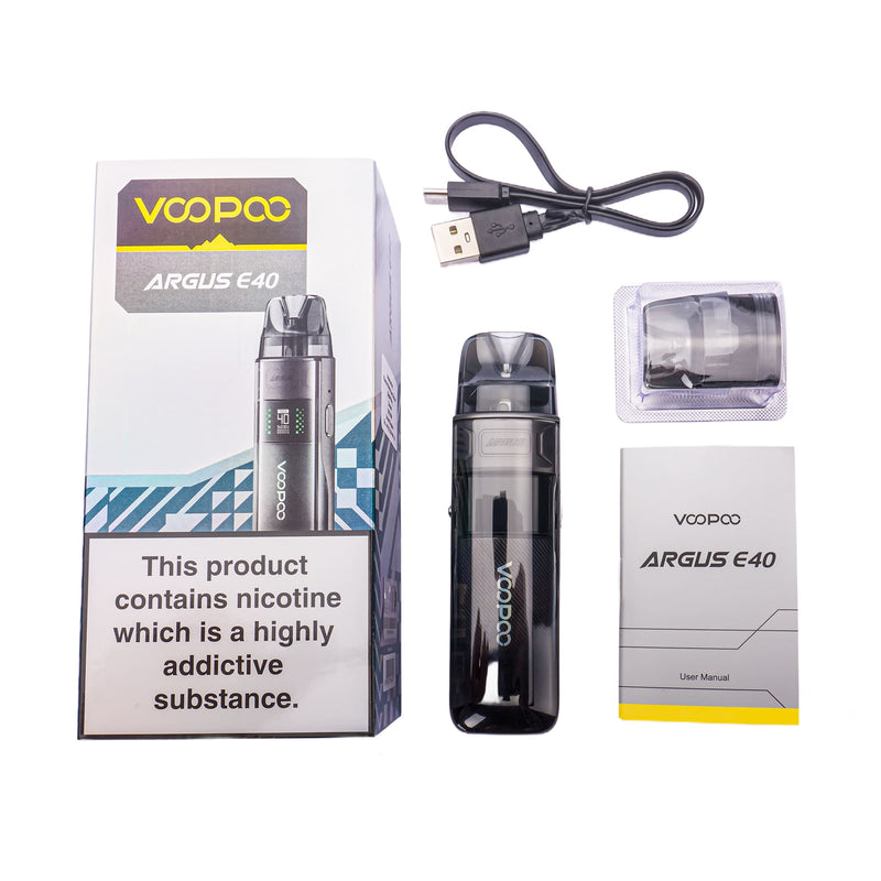 Argus E40 vape kit contents laid out on a white background.
