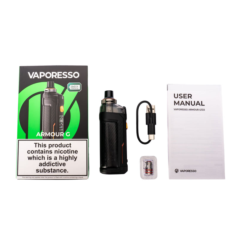 Flat lay image of Vaporesso Armour G vape kit box contents.