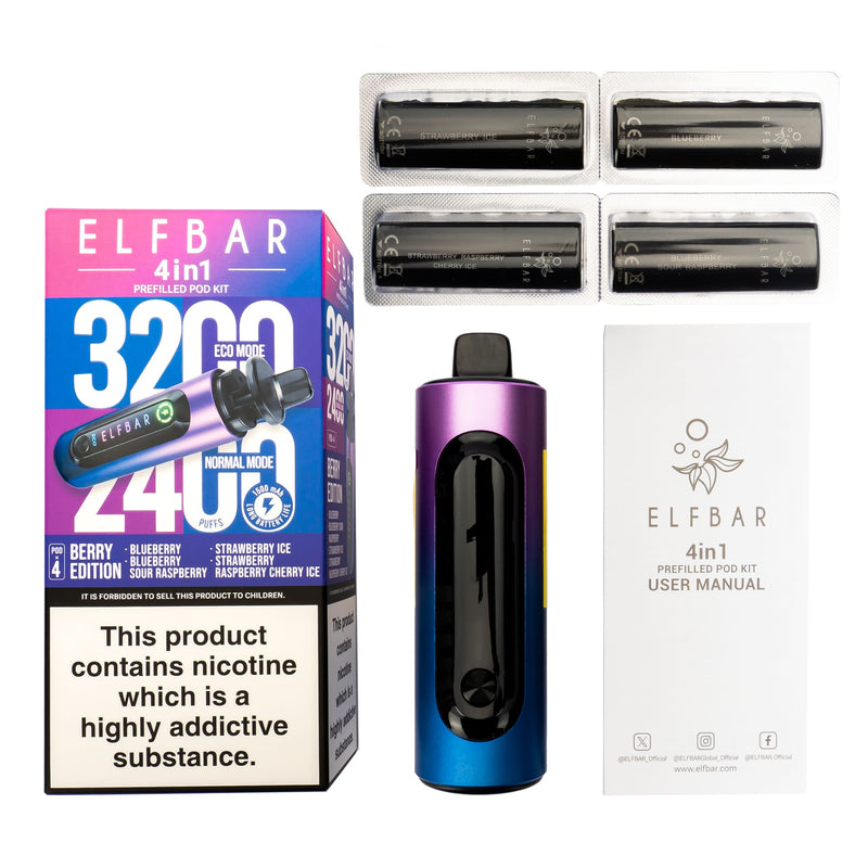 Elf Bar 4 in 1 vape kit contents flat lay.