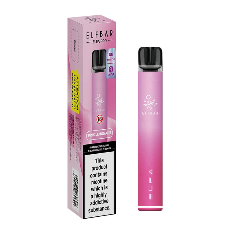 Elf Bar Elfa Pro refillable pod kit Pink Lemonade Flavour - Device next to box