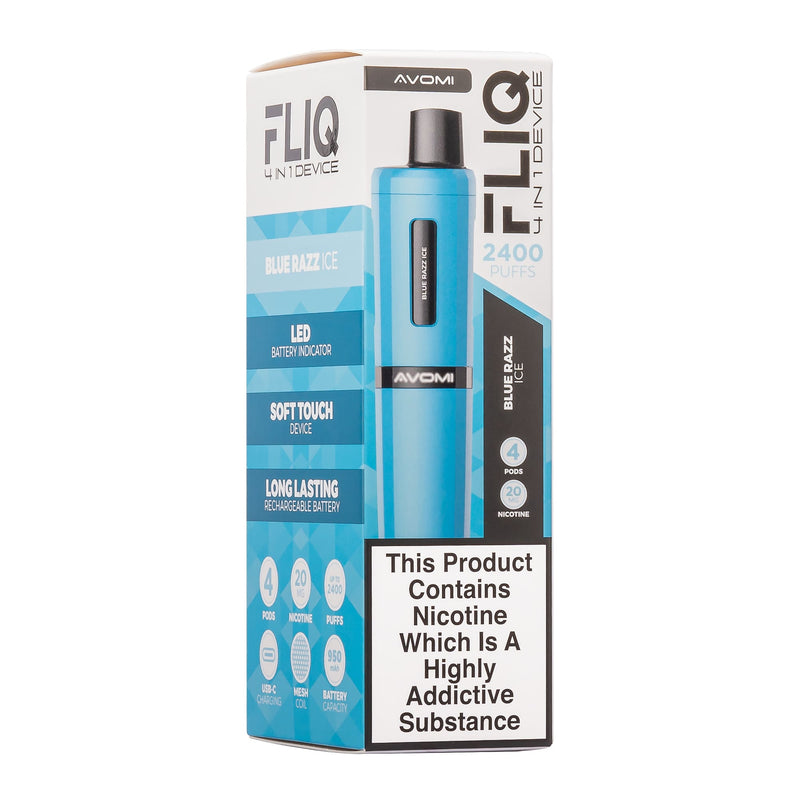 Blue Razz Ice Avomi Fliq pod vape kit box.