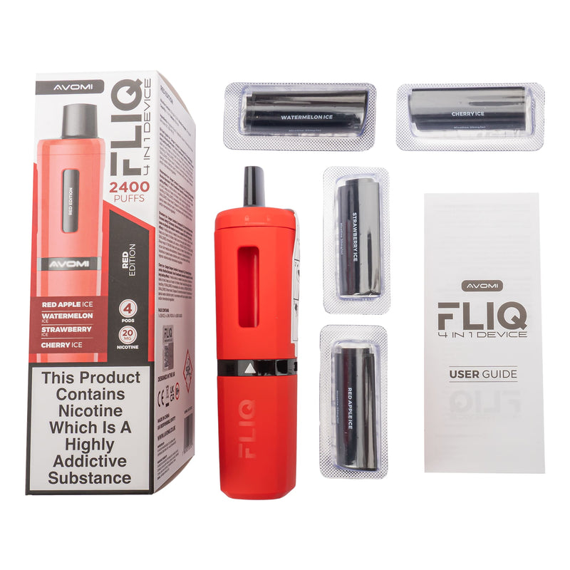 Box contents of Red Edition Avomi Fliq vape kit.