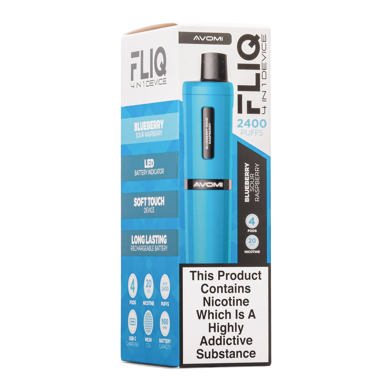 Blueberry Sour Raspberry Avomi Fliq pod vape kit box.