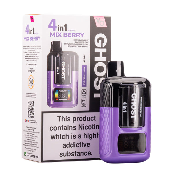 Mix Berry Ghost 4in1 vape kit stood next to box.