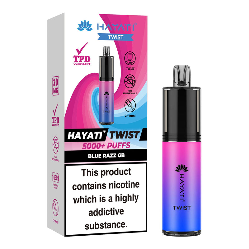 Blue Razz GB Flavoured Hayati Twist 5000 disposable vape kit next to box.