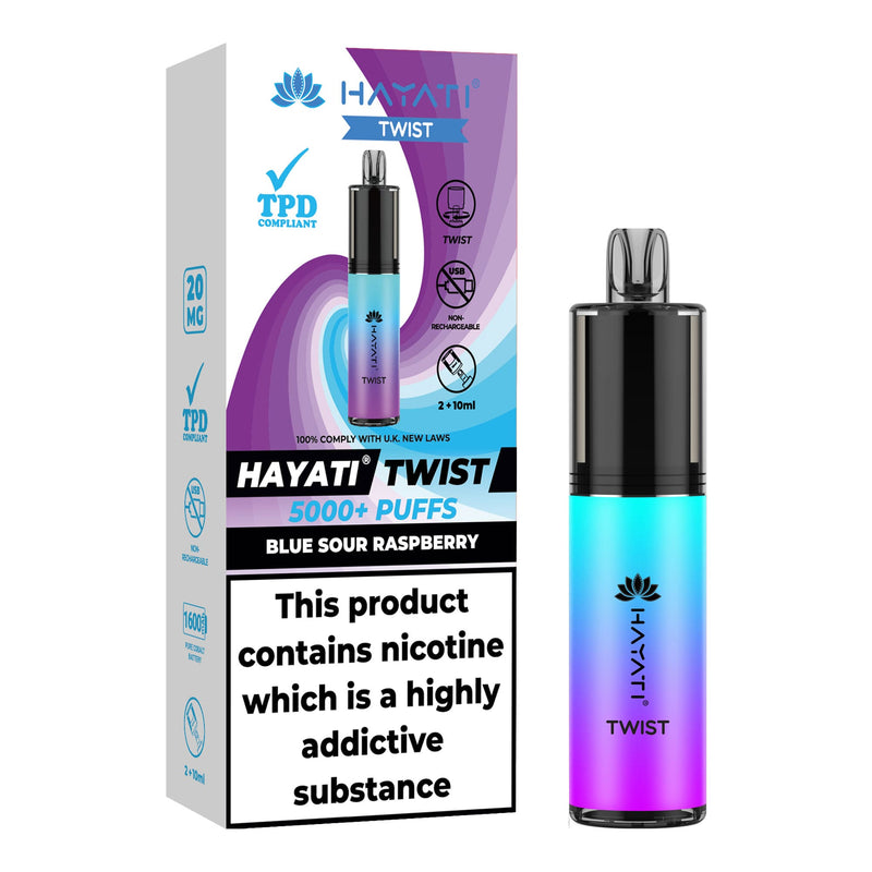 Blue Sour Raspberry Flavoured Hayati Twist 5000 disposable vape kit next to box.