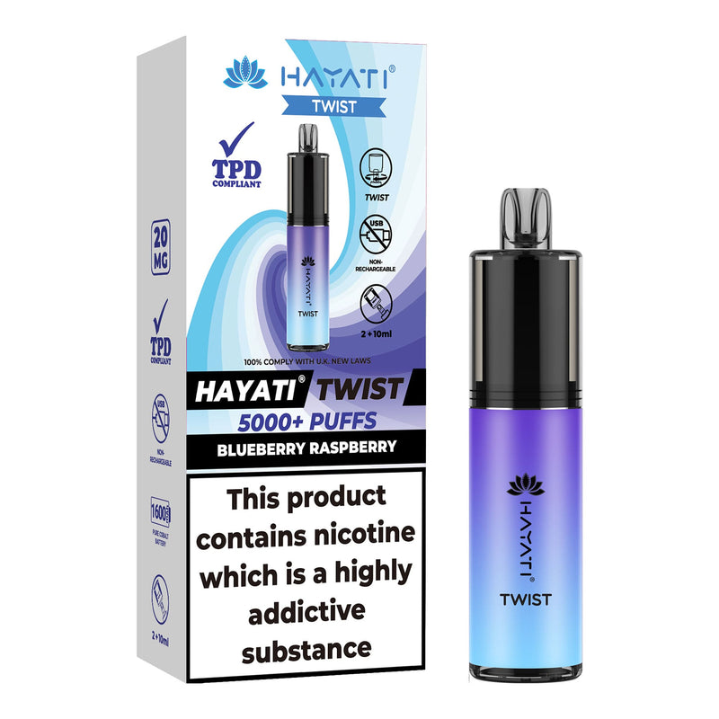 Blueberry Raspberry Flavoured Hayati Twist 5000 disposable vape kit next to box.