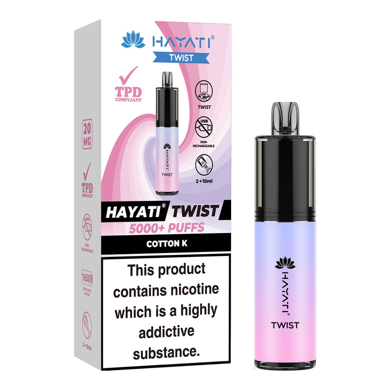 Cotton K Flavoured Hayati Twist 5000 disposable vape kit next to box.