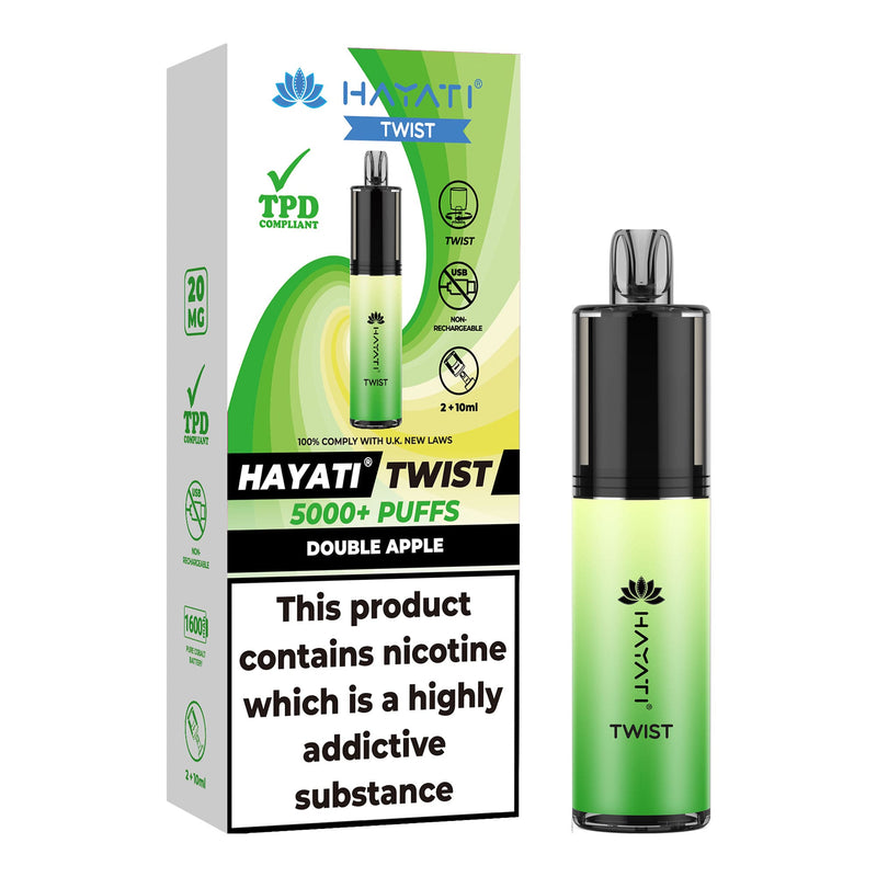 Double Apple Flavoured Hayati Twist 5000 disposable vape kit next to box.