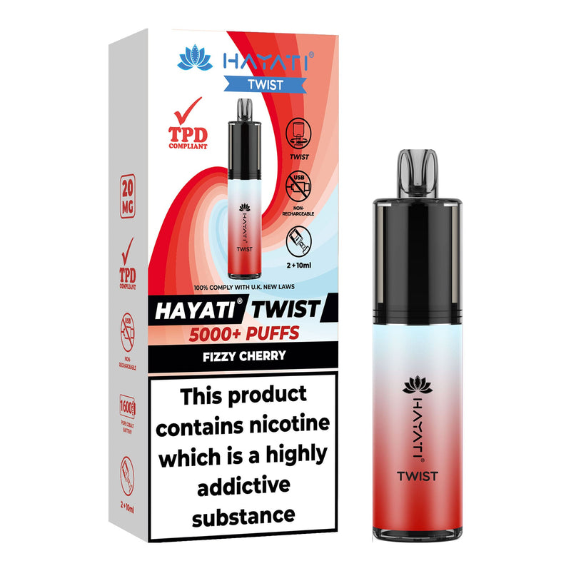 Fizzy Cherry Flavoured Hayati Twist 5000 disposable vape kit next to box.