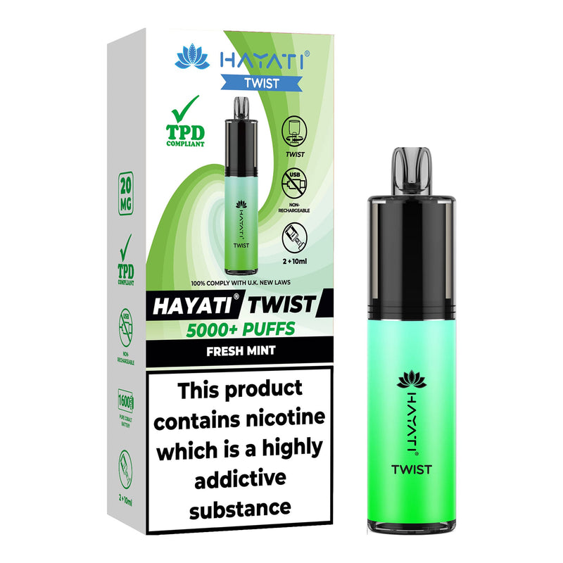 Fresh Mint Flavoured Hayati Twist 5000 disposable vape kit next to box.