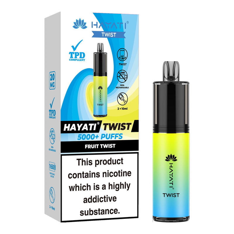 Fruit Twist Flavoured Hayati Twist 5000 disposable vape kit next to box.