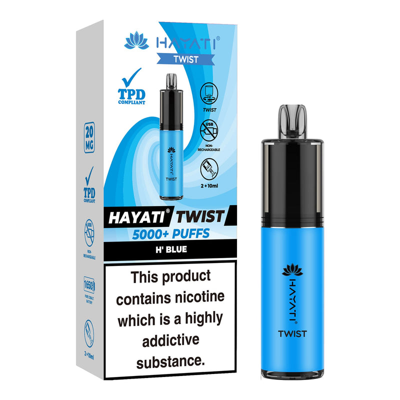 H Blue Flavoured Hayati Twist 5000 disposable vape kit next to box.