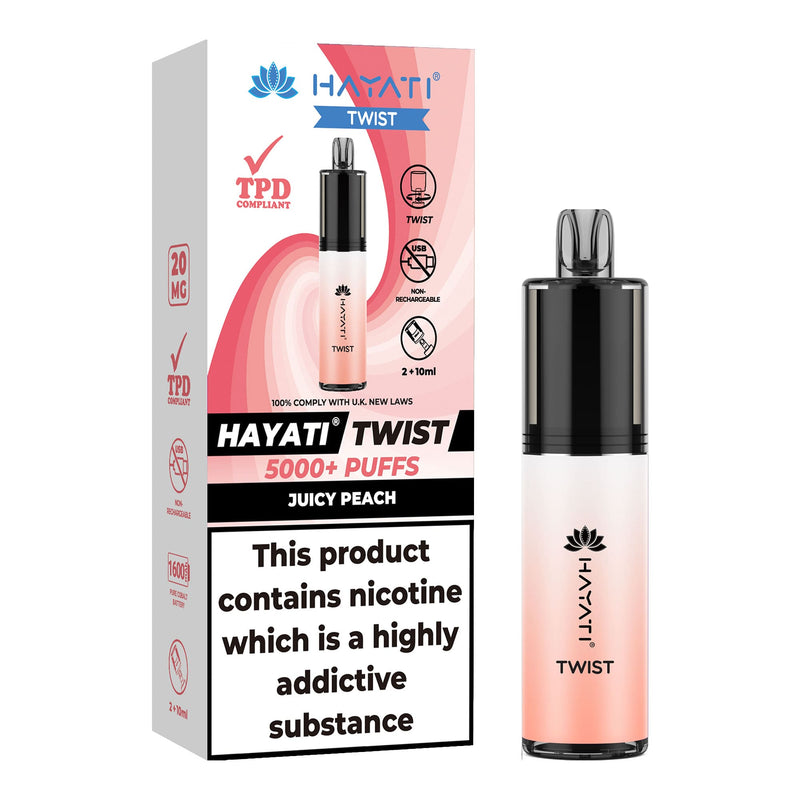 Juicy Peach Flavoured Hayati Twist 5000 disposable vape kit next to box.