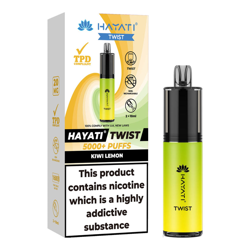 Kiwi Lemon Flavoured Hayati Twist 5000 disposable vape kit next to box.