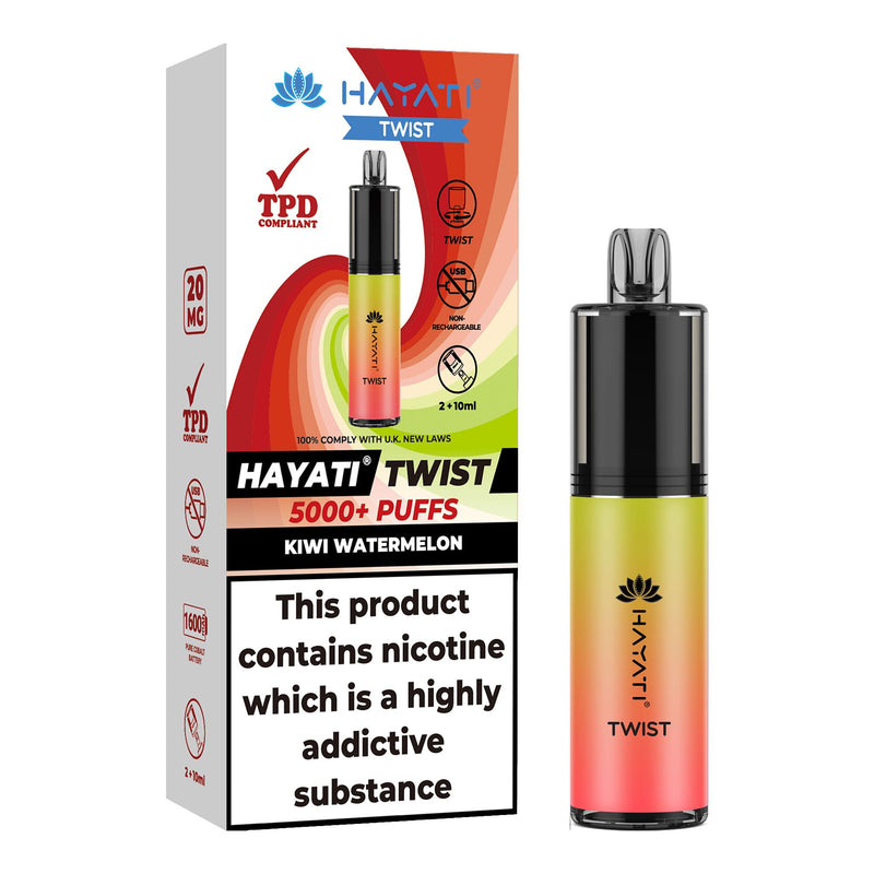 Kiwi Watermelon Flavoured Hayati Twist 5000 disposable vape kit next to box.