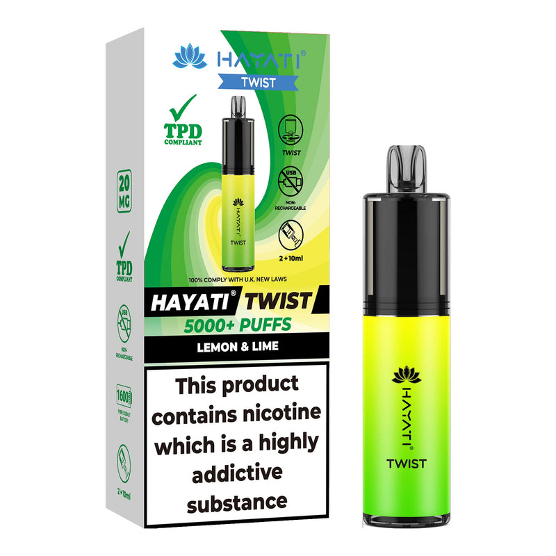 Lemon Lime Flavoured Hayati Twist 5000 disposable vape kit next to box.