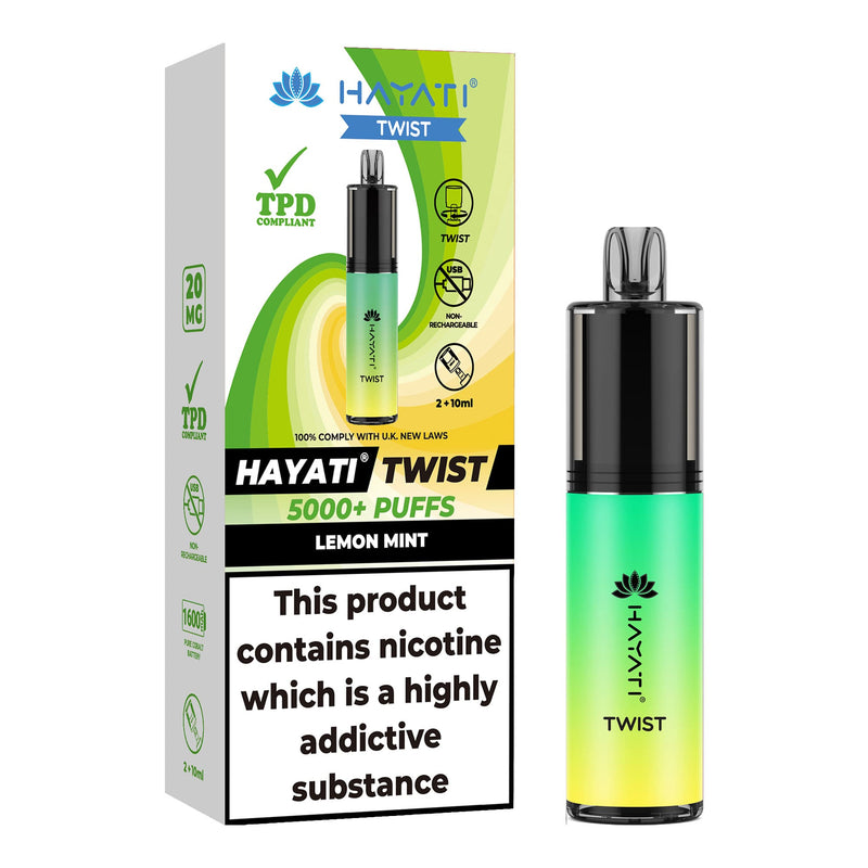 Lemon Mint Flavoured Hayati Twist 5000 disposable vape kit next to box.