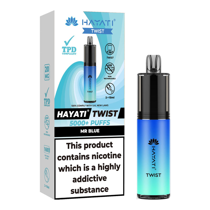 Mr Blue Flavoured Hayati Twist 5000 disposable vape kit next to box.