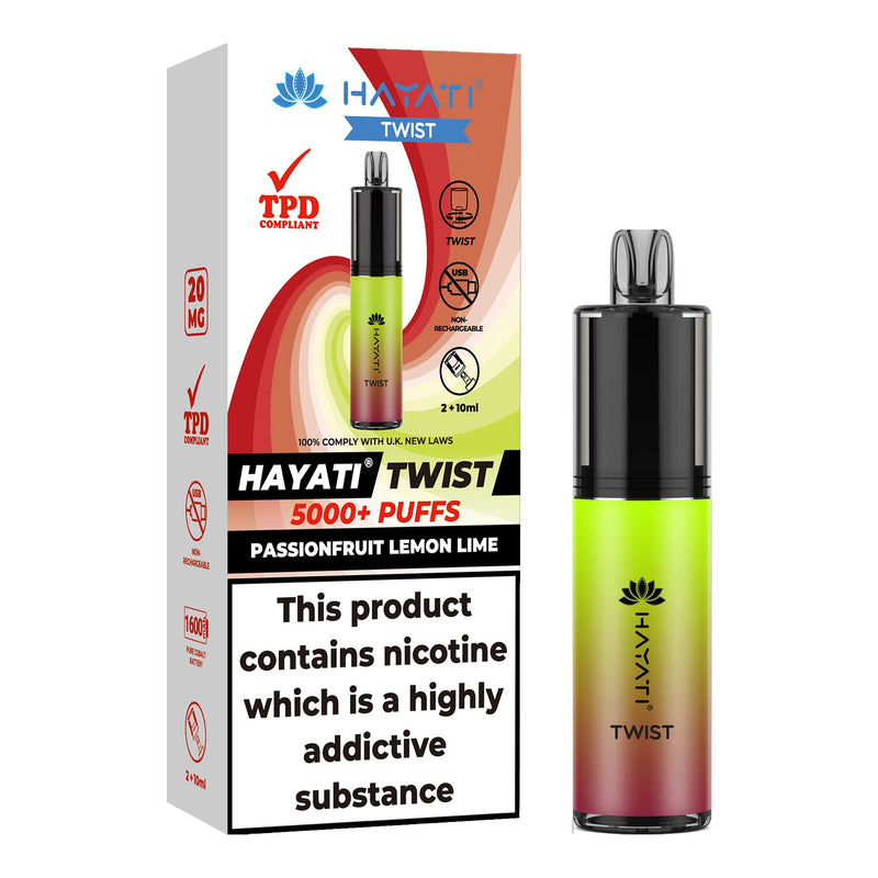 Passion Fruit Lemon LIme Flavoured Hayati Twist 5000 disposable vape kit next to box.