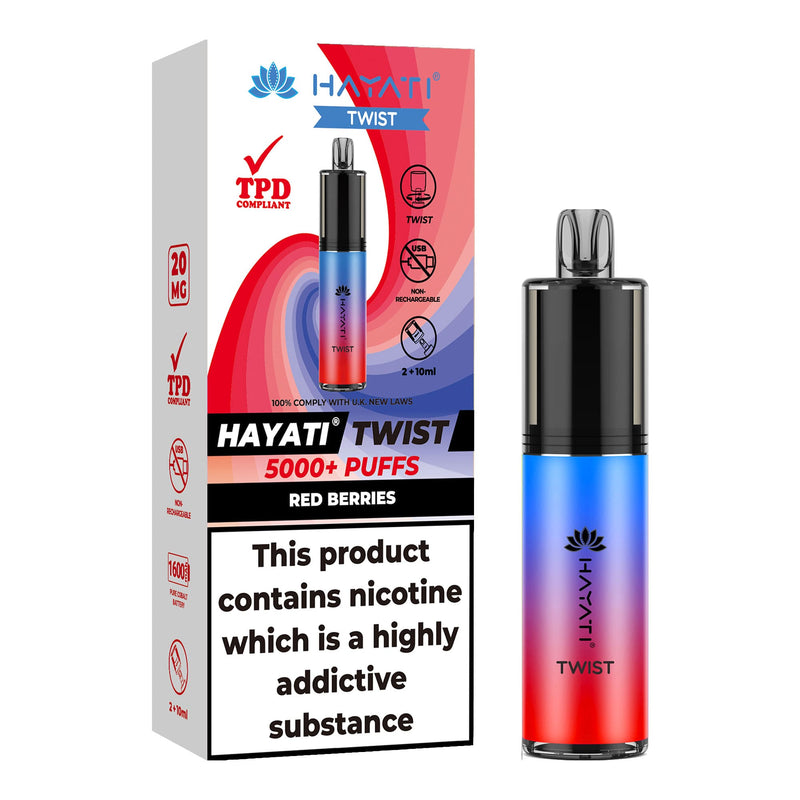 Red Berries Flavoured Hayati Twist 5000 disposable vape kit next to box.