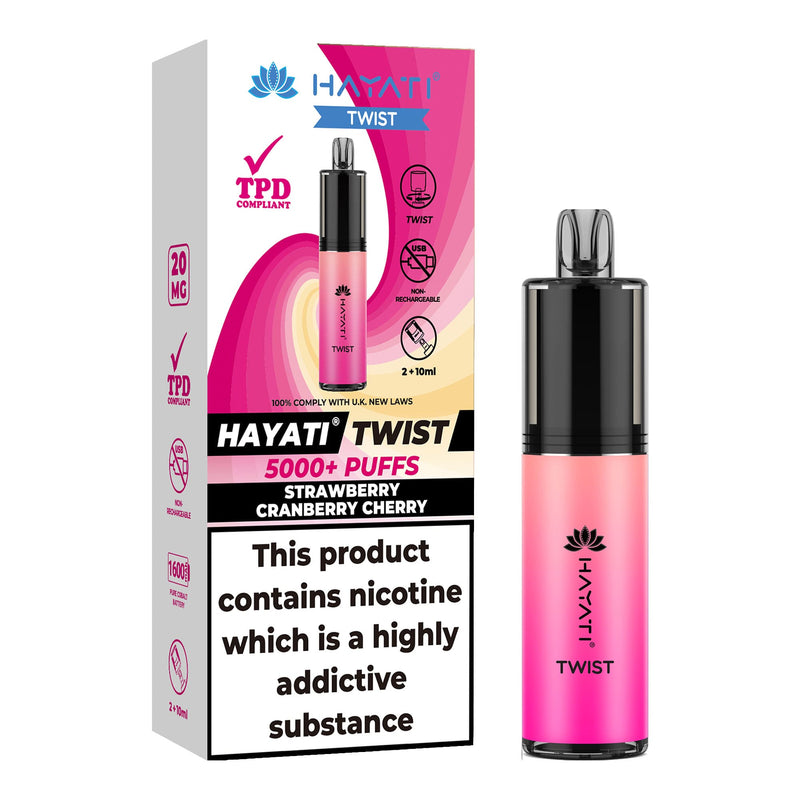 Strawberry Cranberry Cherry Flavoured Hayati Twist 5000 disposable vape kit next to box.