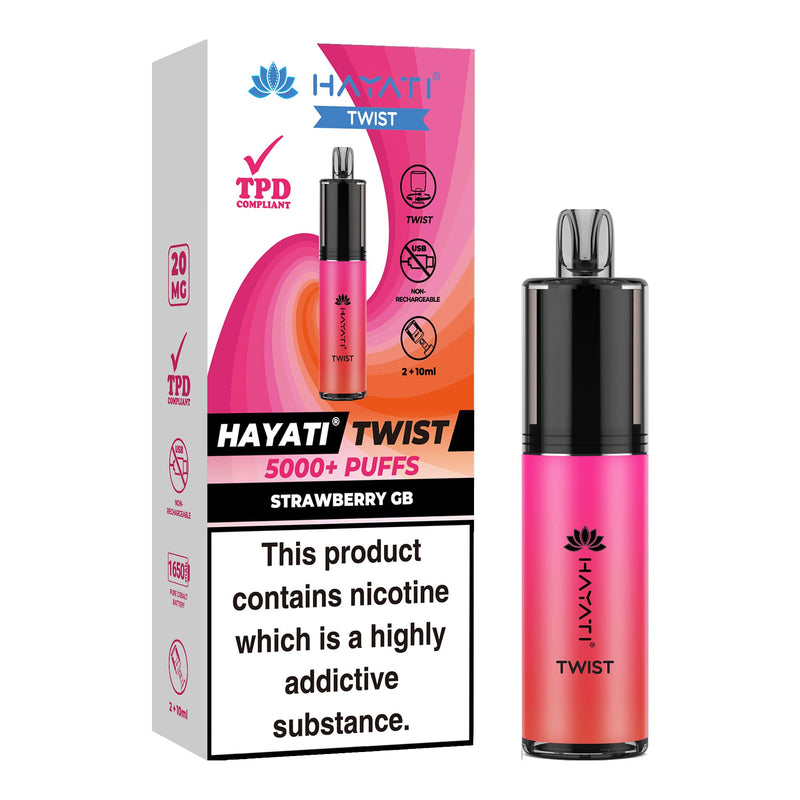 Strawberry GB Flavoured Hayati Twist 5000 disposable vape kit next to box.