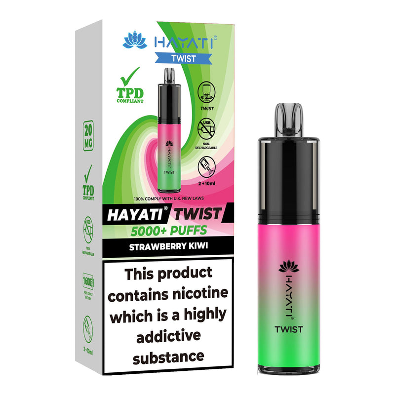 Strawberry Kiwi Flavoured Hayati Twist 5000 disposable vape kit next to box.