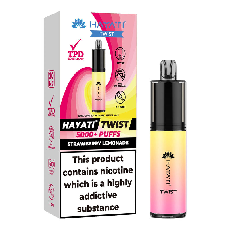 Strawberry Lemonade Flavoured Hayati Twist 5000 disposable vape kit next to box.