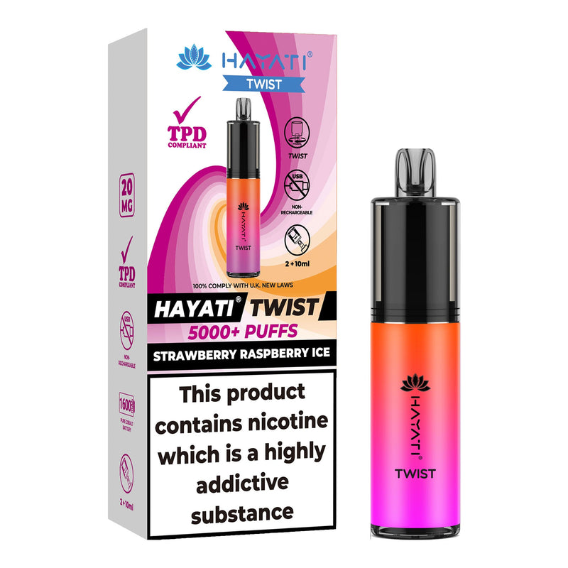 Strawberry Raspberry Ice Flavoured Hayati Twist 5000 disposable vape kit next to box.