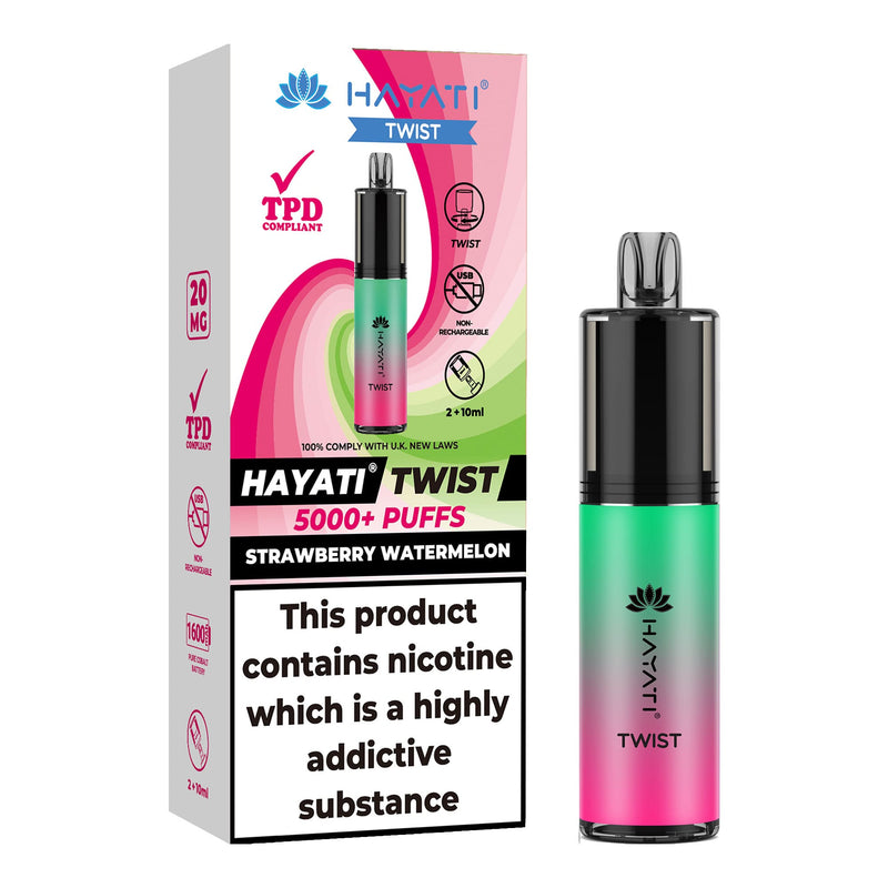 Strawberry Watermelon Flavoured Hayati Twist 5000 disposable vape kit next to box.