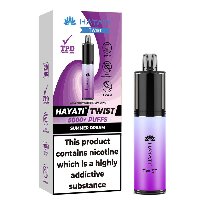 Summer Dream Flavoured Hayati Twist 5000 disposable vape kit next to box.