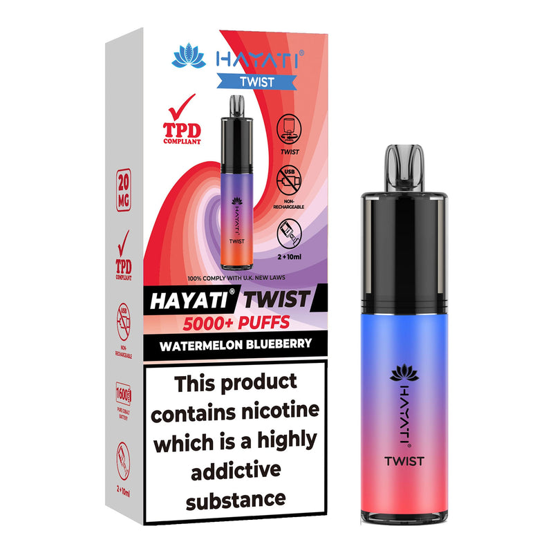 Watermelon Blueberry Flavoured Hayati Twist 5000 disposable vape kit next to box.