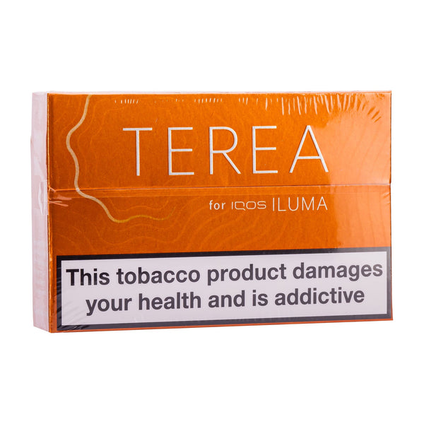 Amber IQOS Terea heated tobacco sticks box.