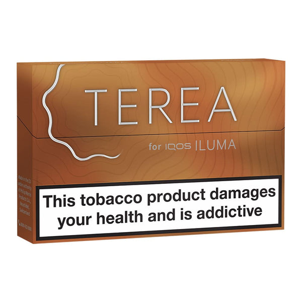 Amber IQOS Terea heated tobacco sticks box.