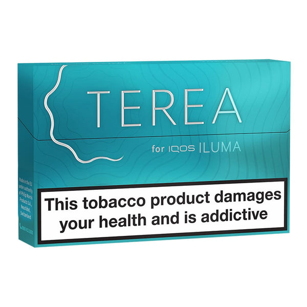 Turquoise IQOS Terea heated tobacco sticks box.