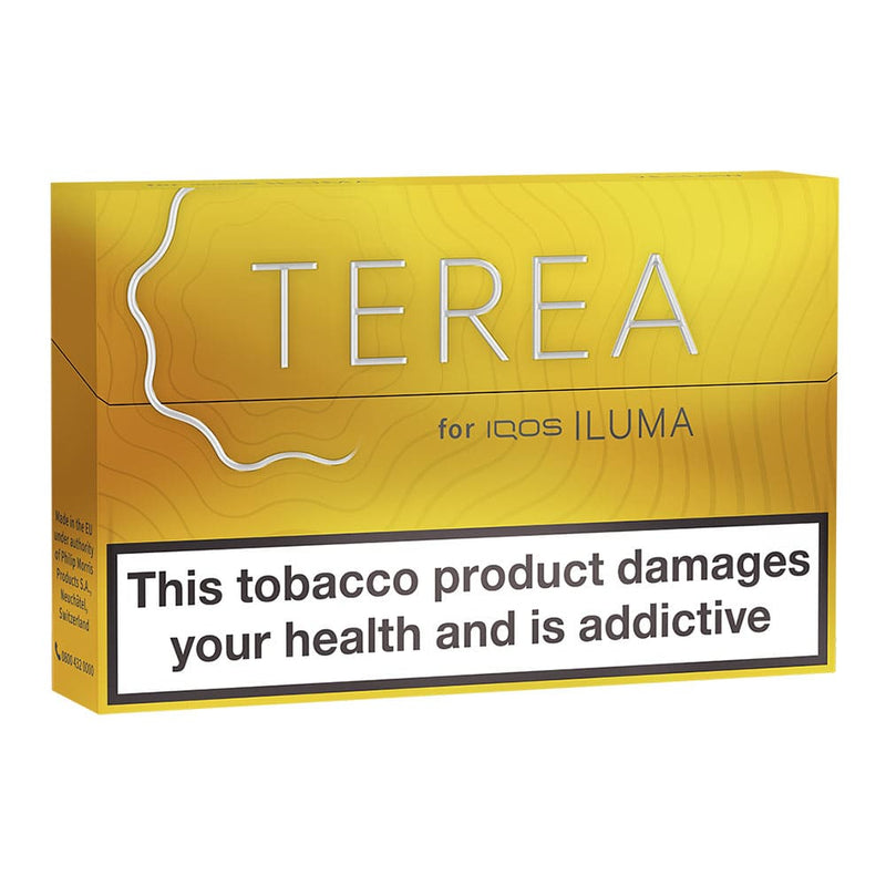 Yellow IQOS Terea heated tobacco sticks box.