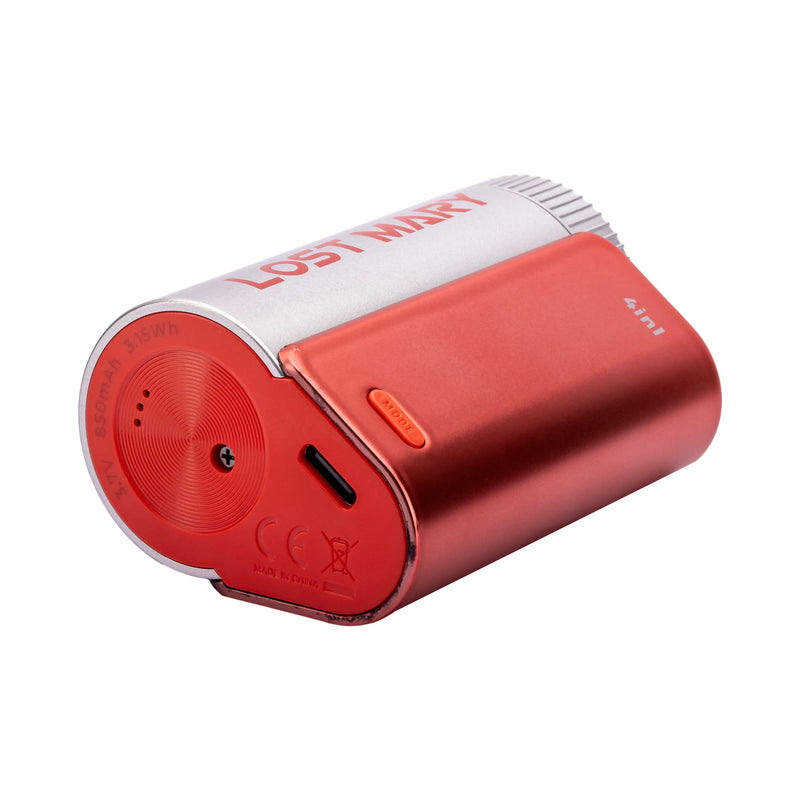 Lost Mary 4-in-1 red edition device lying on side highlighting charging port.