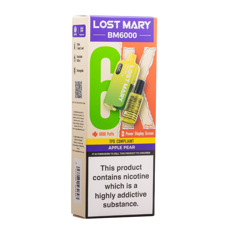 Apple Pear Lost Mary BM6000 disposable vape box.