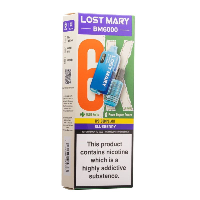 Blueberry Lost Mary BM6000 disposable vape box.