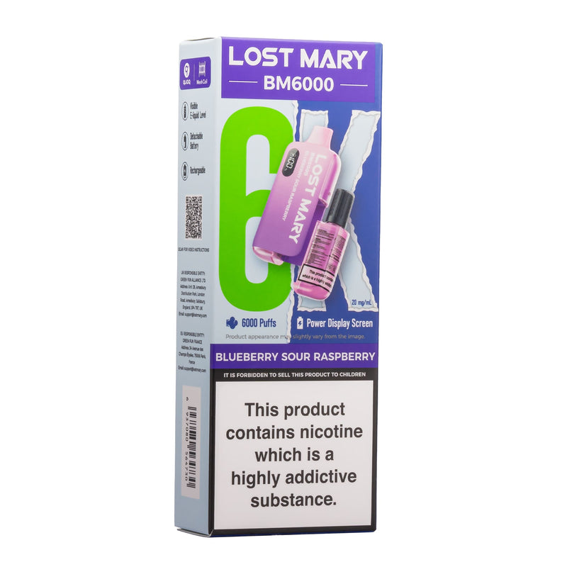 Blueberry Sour Raspberry Lost Mary BM6000 disposable vape box.