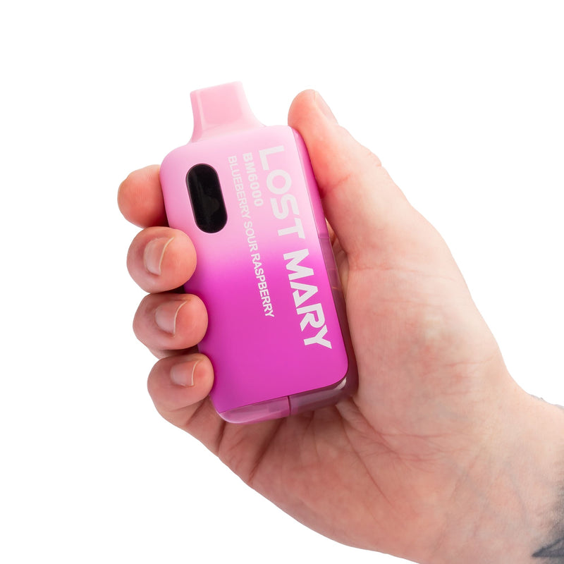 Lost Mary Blueberry Sour Raspberry BM6000 Disposable Vape in Hand.