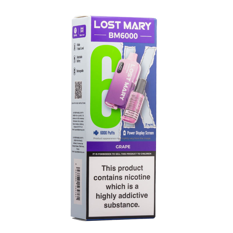 Grape Lost Mary BM6000 disposable vape box.