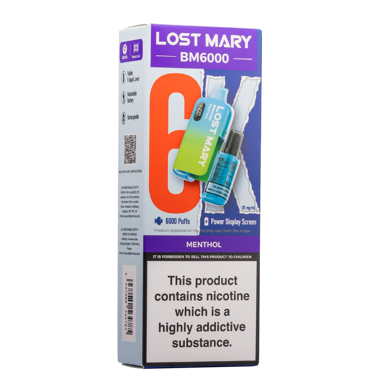 Menthol Lost Mary BM6000 disposable vape box.