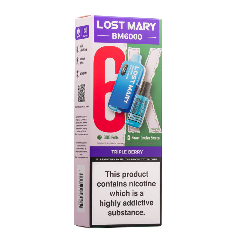 Triple Berry Lost Mary BM6000 disposable vape box.