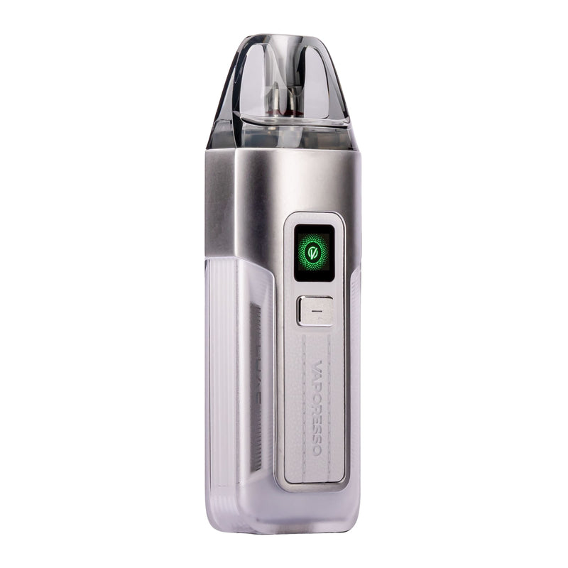 Front image of White Silver Luxe X2 device with pod kit.