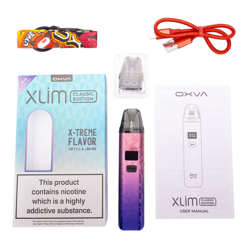 Box contents of Oxva Xlim Classic Edition vape kit laid out.